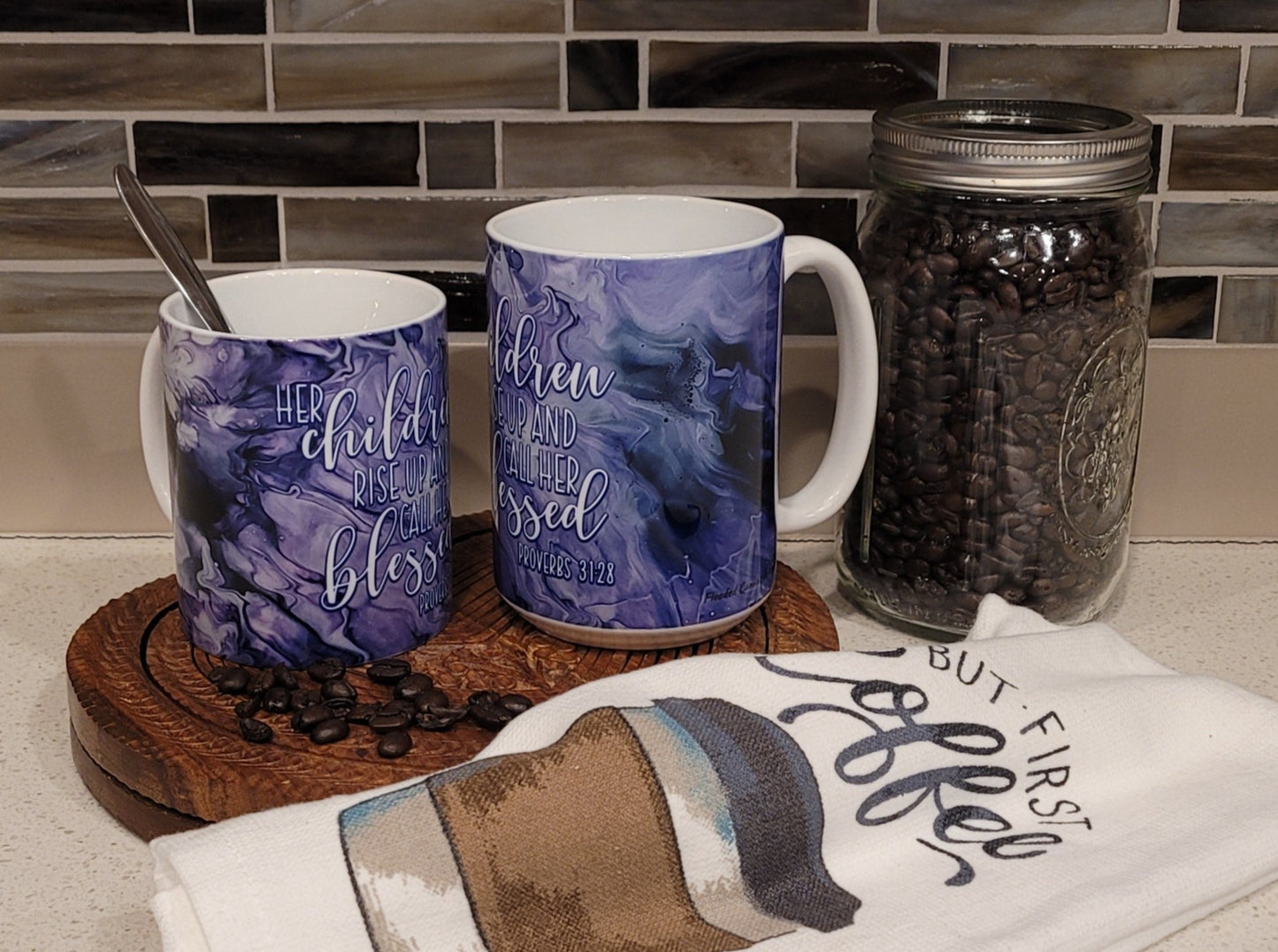 Mother's Day Coffee Mugs with Purple Abstract Art Designs, Proverbs 31:28, Greatest Blessings Call Me Mom, Mother Fueled by Prayer