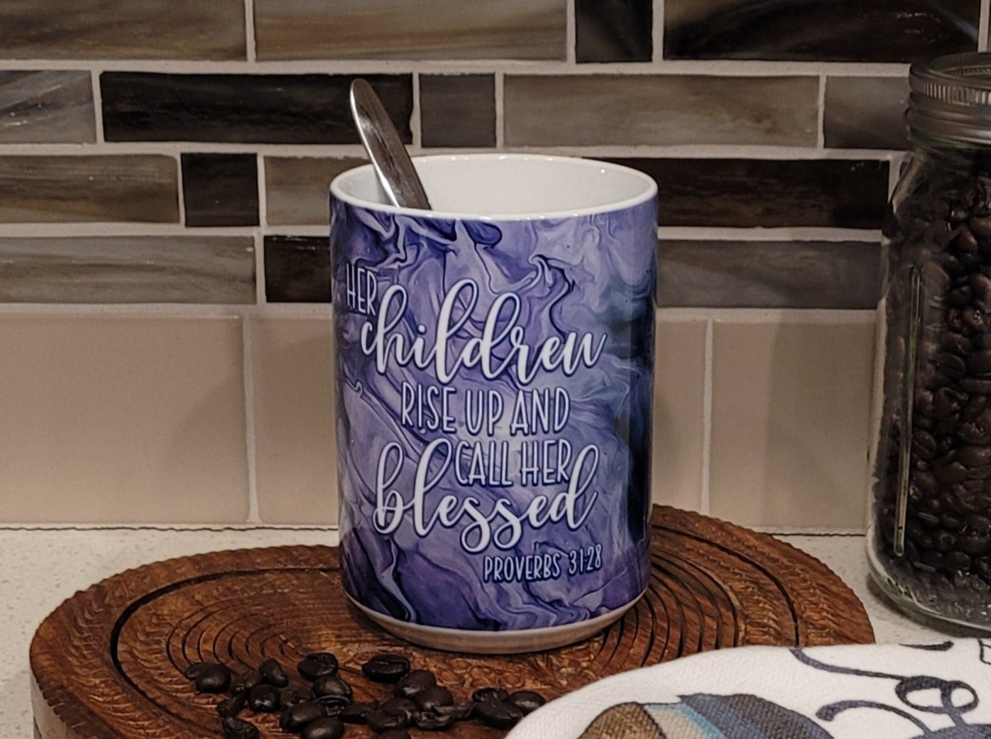 Mother's Day Coffee Mugs with Purple Abstract Art Designs, Proverbs 31:28, Greatest Blessings Call Me Mom, Mother Fueled by Prayer