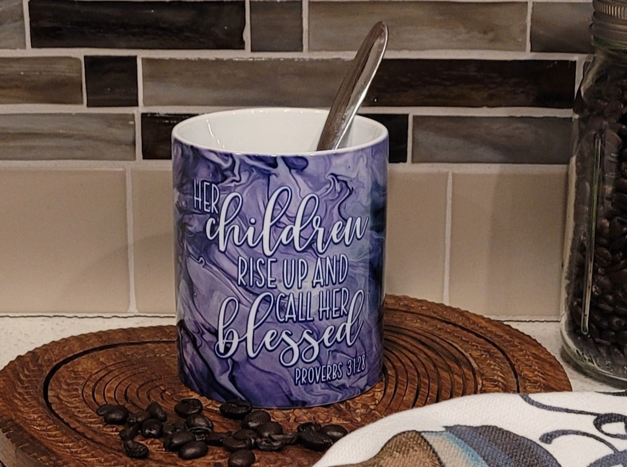 Mother's Day Coffee Mugs with Purple Abstract Art Designs, Proverbs 31:28, Greatest Blessings Call Me Mom, Mother Fueled by Prayer