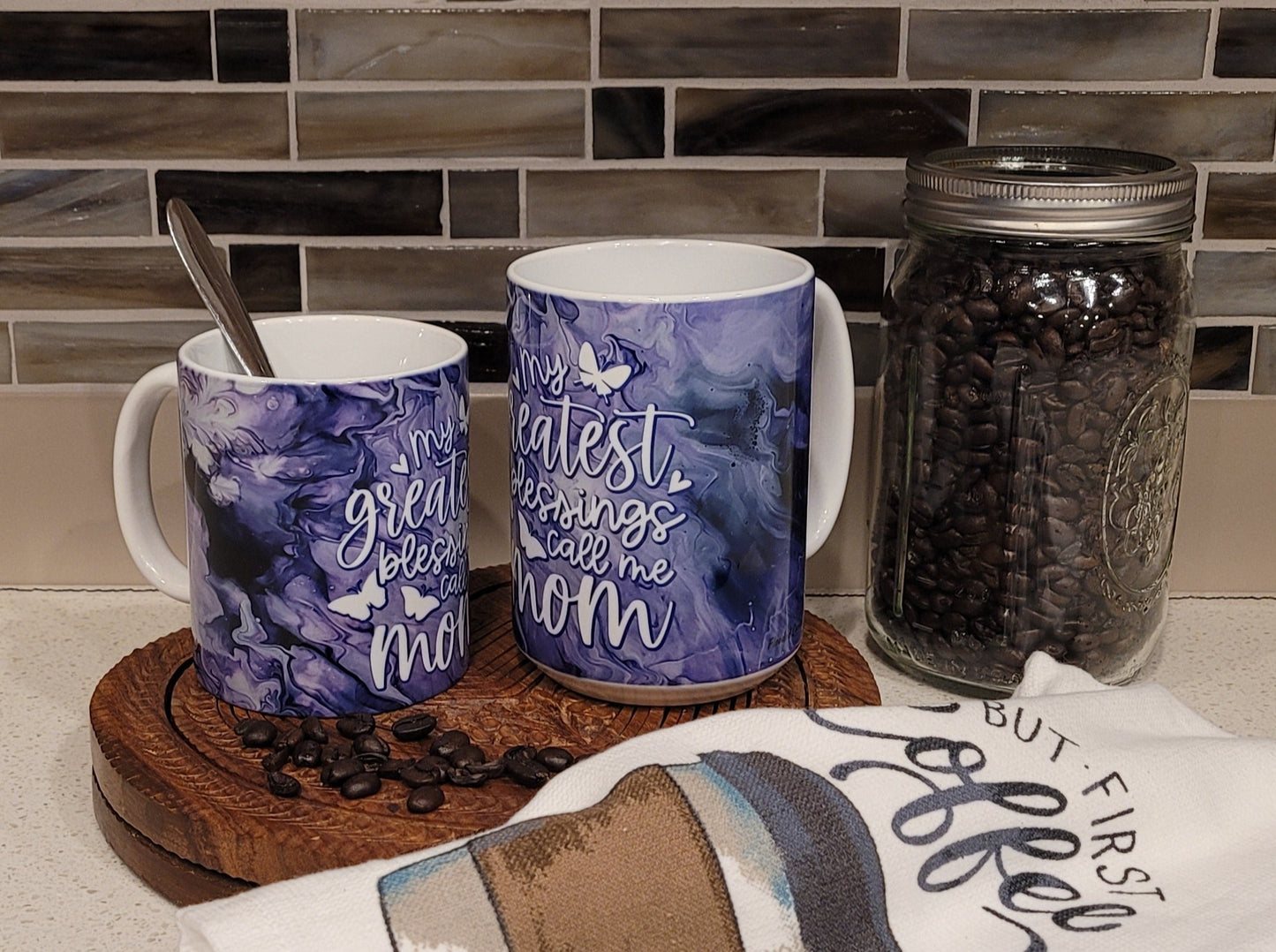 Mother's Day Coffee Mugs with Purple Abstract Art Designs, Proverbs 31:28, Greatest Blessings Call Me Mom, Mother Fueled by Prayer