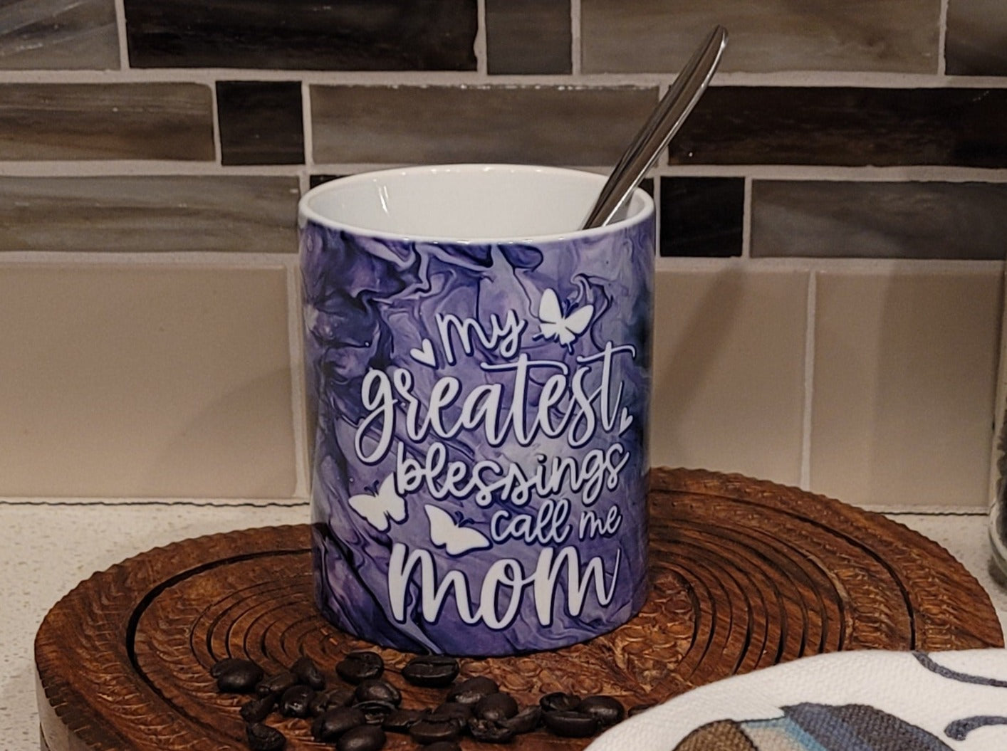 Mother's Day Coffee Mugs with Purple Abstract Art Designs, Proverbs 31:28, Greatest Blessings Call Me Mom, Mother Fueled by Prayer