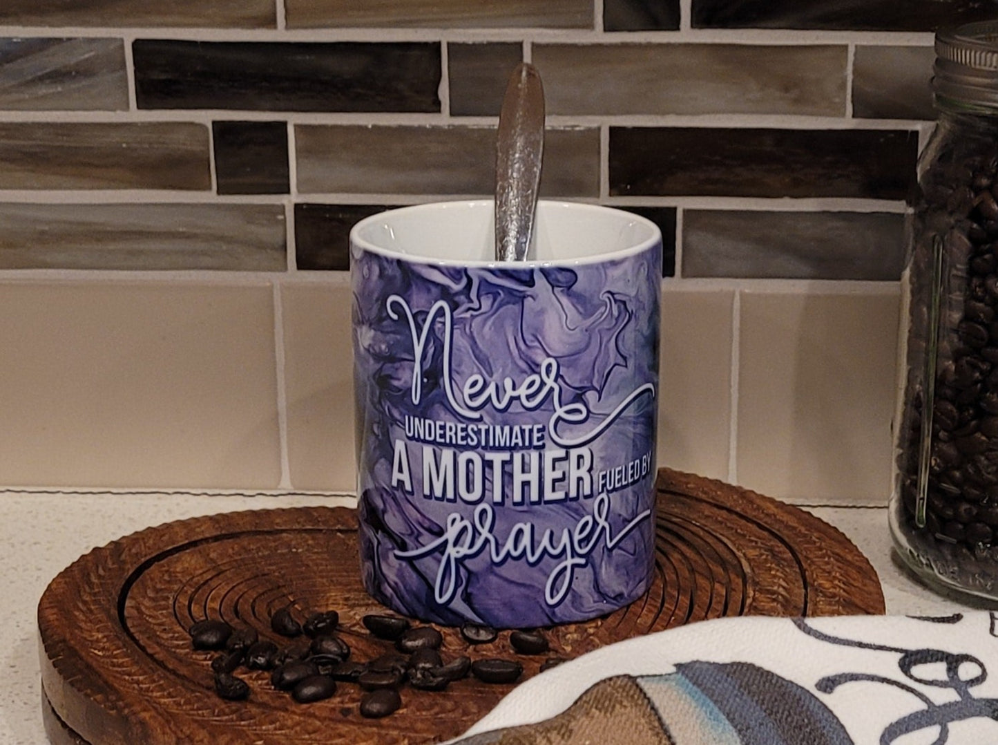 Mother's Day Coffee Mugs with Purple Abstract Art Designs, Proverbs 31:28, Greatest Blessings Call Me Mom, Mother Fueled by Prayer