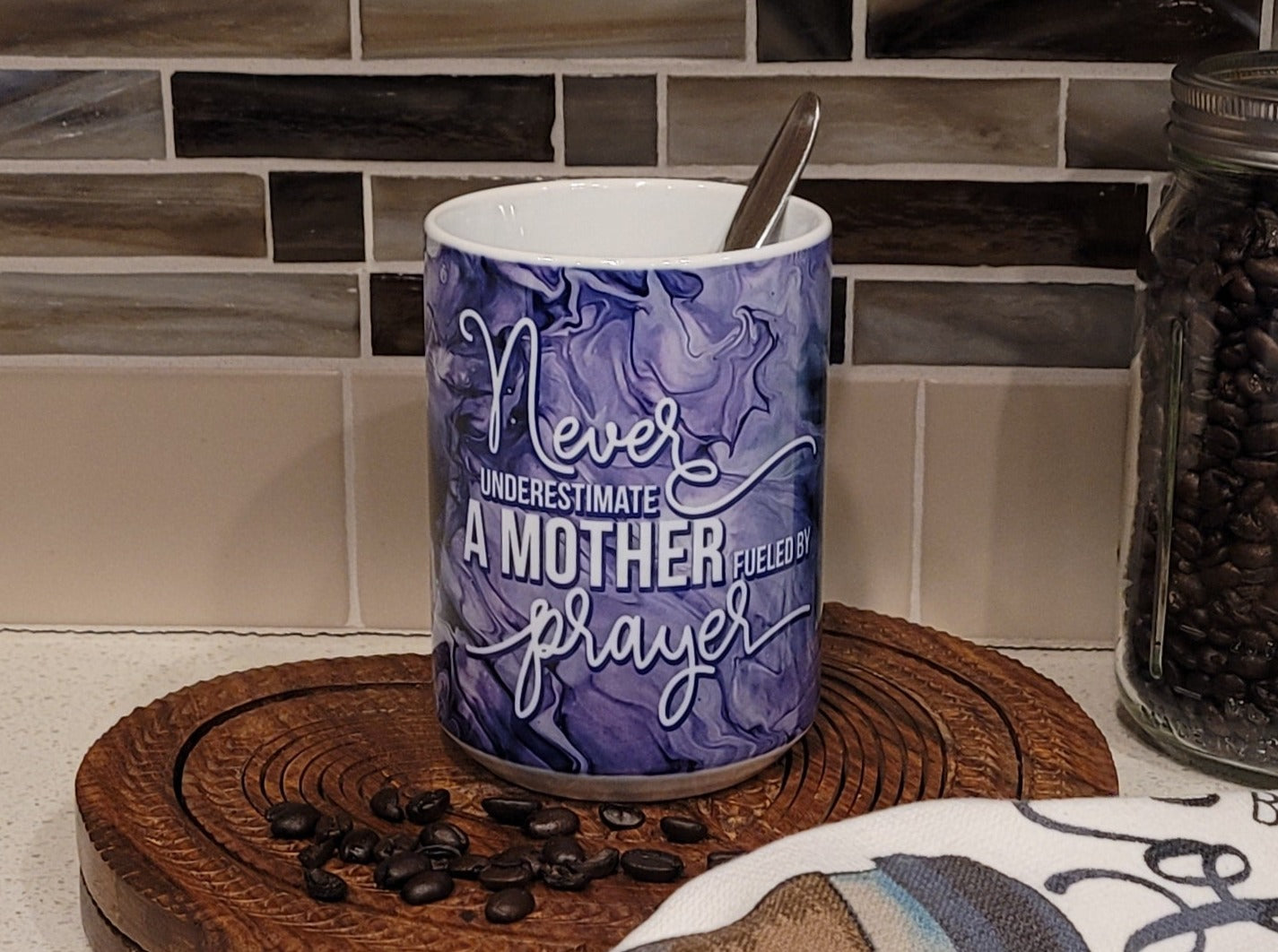 Mother's Day Coffee Mugs with Purple Abstract Art Designs, Proverbs 31:28, Greatest Blessings Call Me Mom, Mother Fueled by Prayer