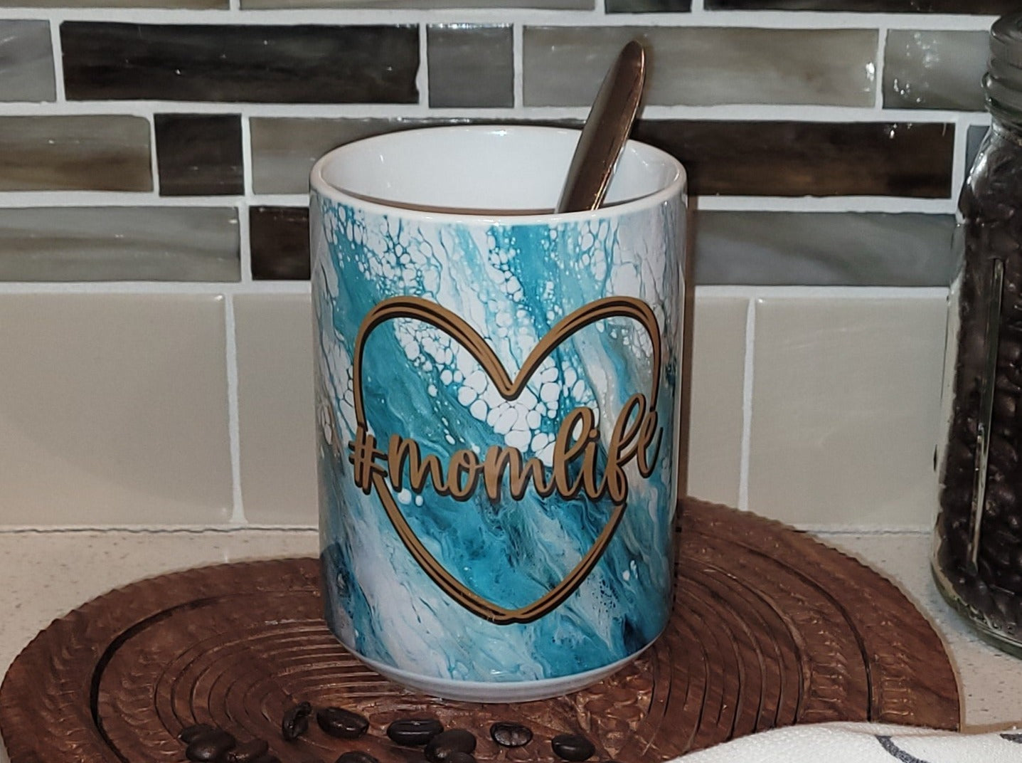 Mother's Day Coffee Mugs with Green Abstract Art Design, #Momlife, The Perfect Mix of Chaos and Love