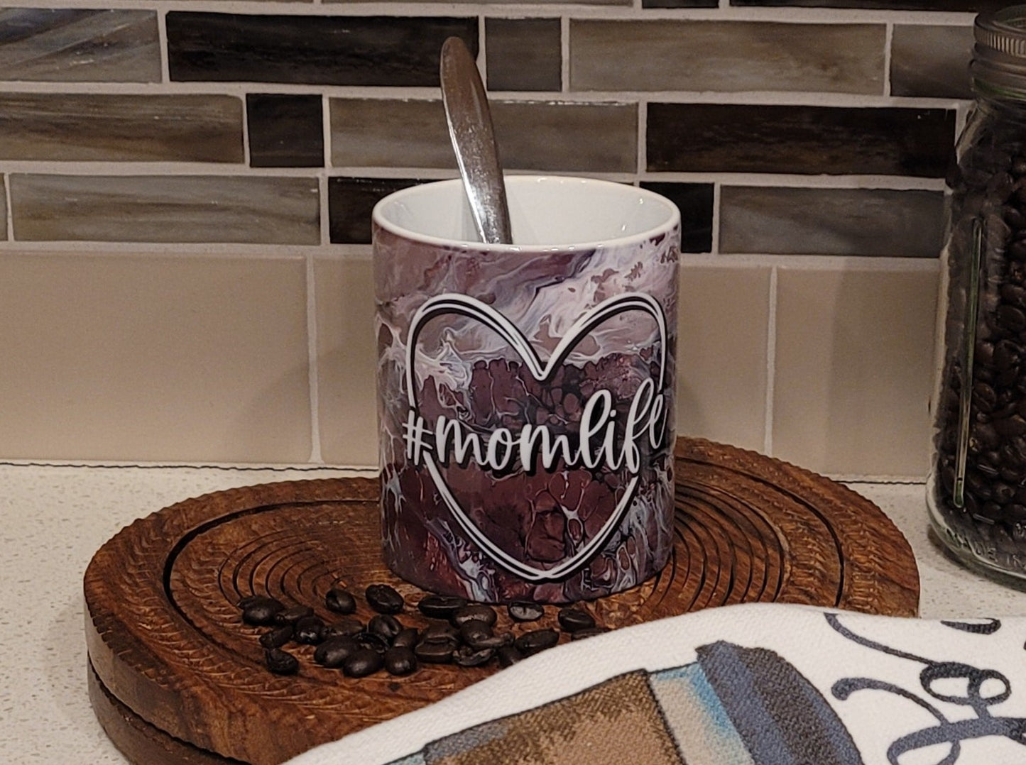 Mother's Day Coffee Mugs with Pink and Black Abstract Art Design, #Momlife