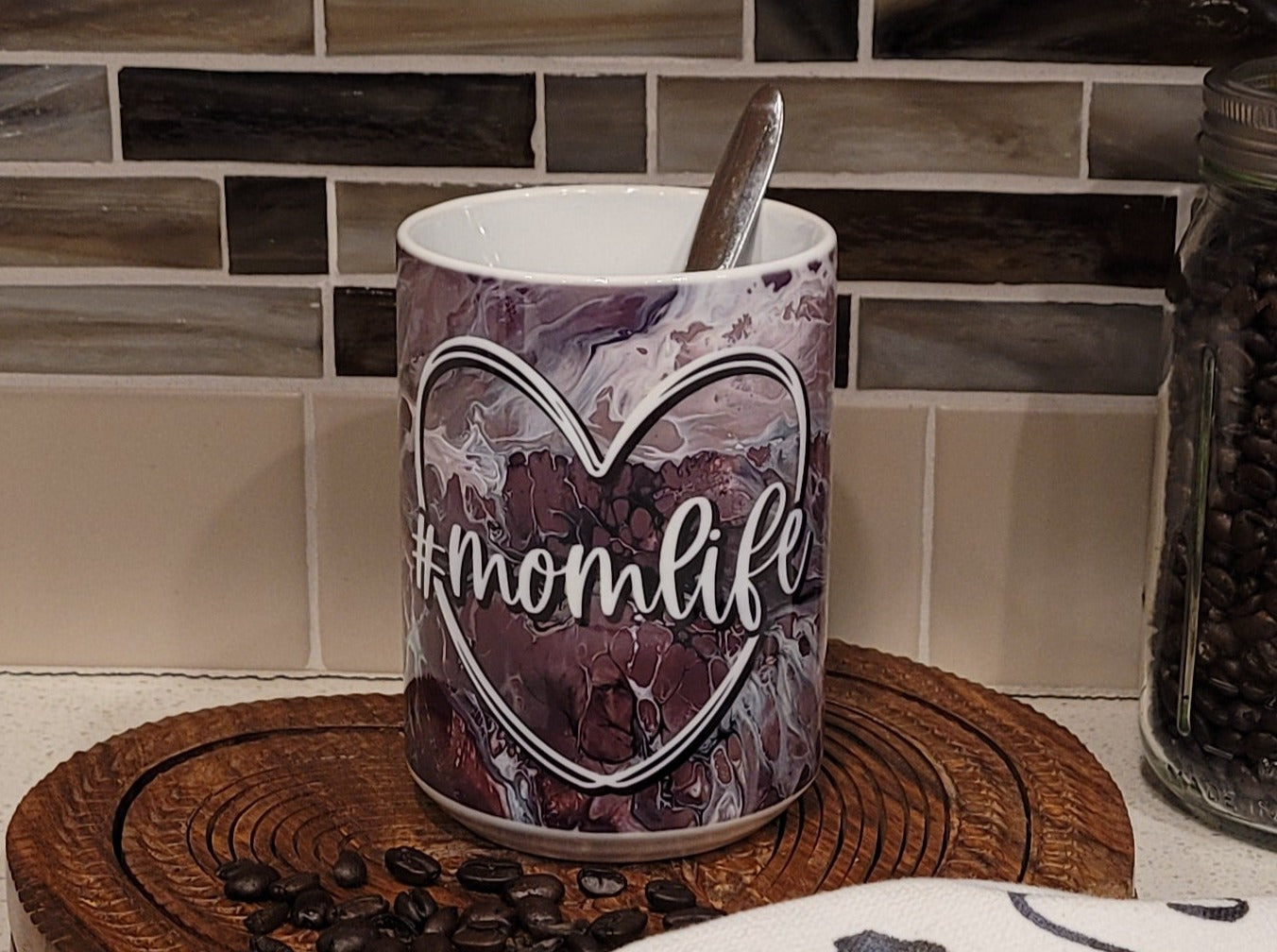 Mother's Day Coffee Mugs with Pink and Black Abstract Art Design, #Momlife
