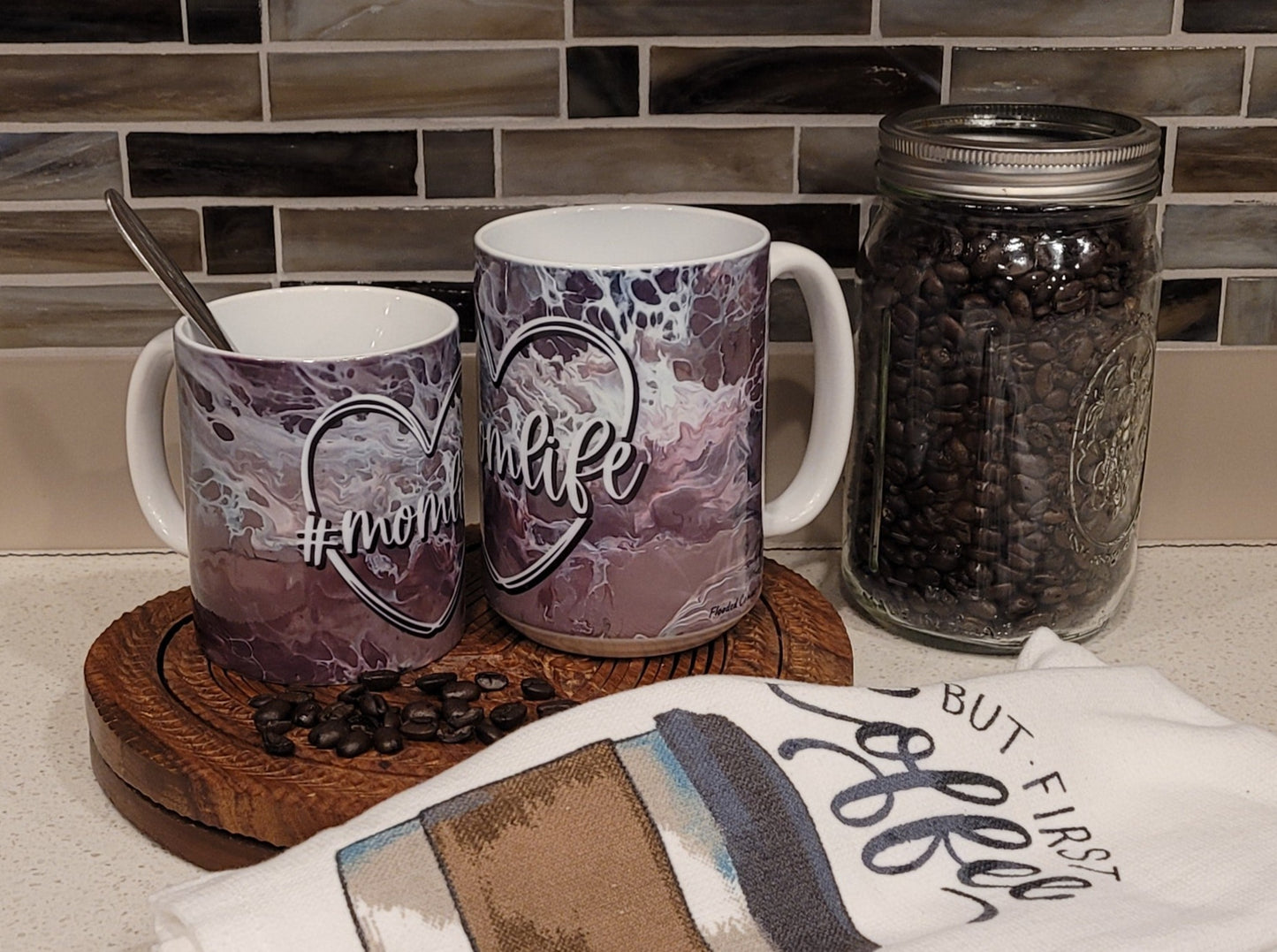 Mother's Day Coffee Mugs with Pink and Black Abstract Art Design, #Momlife