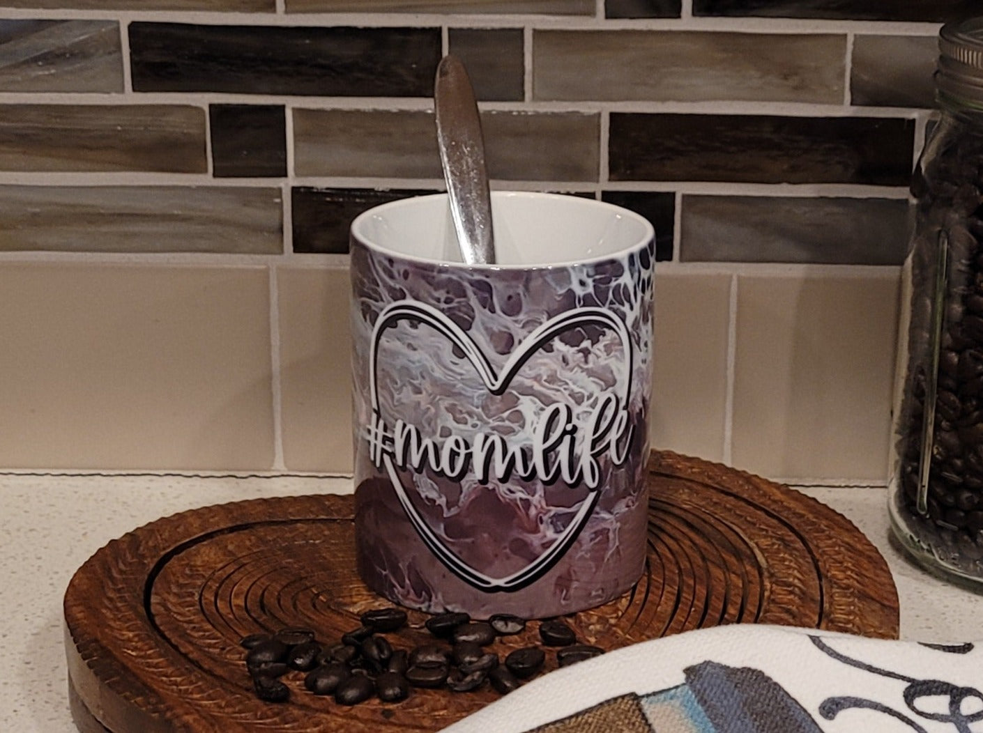 Mother's Day Coffee Mugs with Pink and Black Abstract Art Design, #Momlife