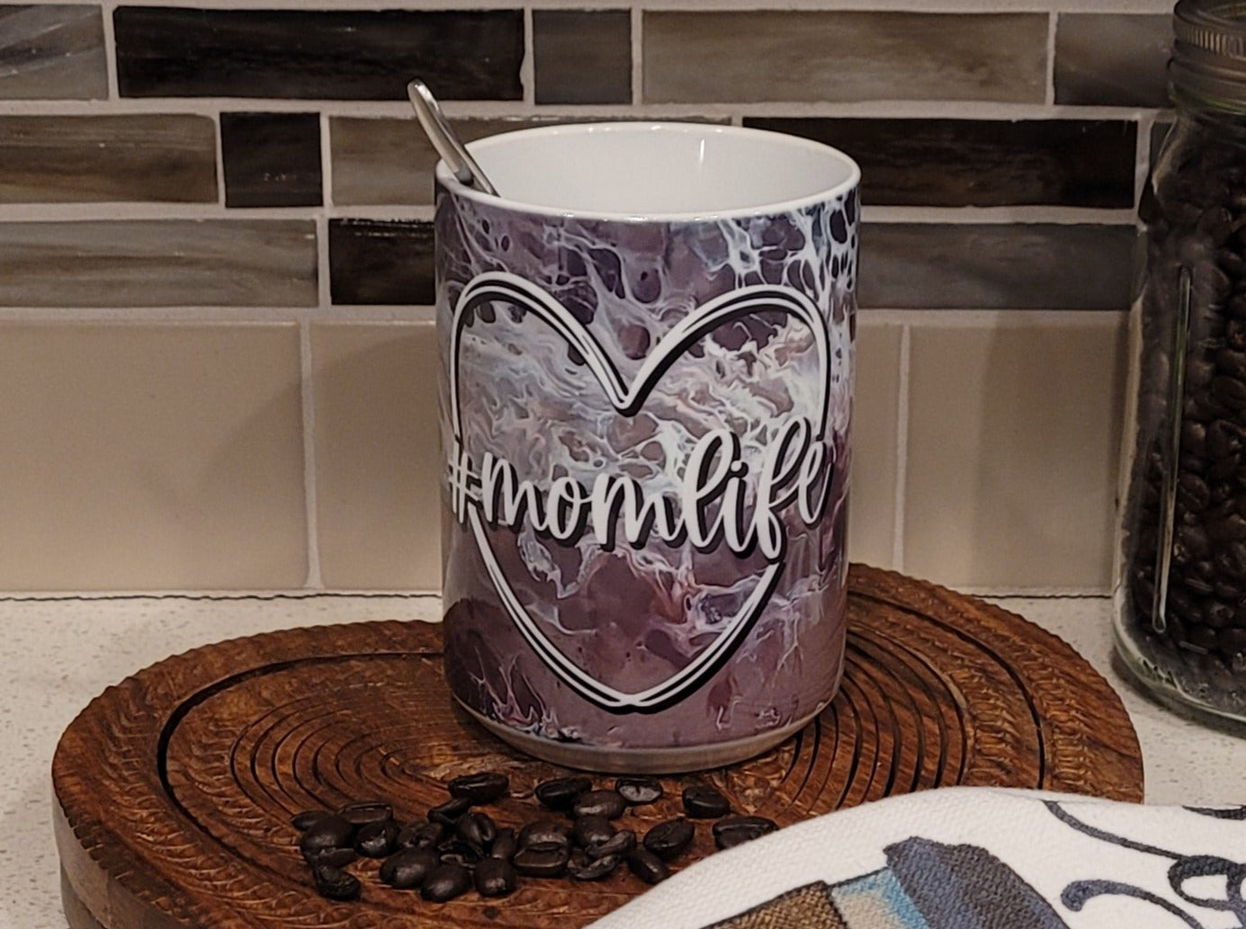 Mother's Day Coffee Mugs with Pink and Black Abstract Art Design, #Momlife