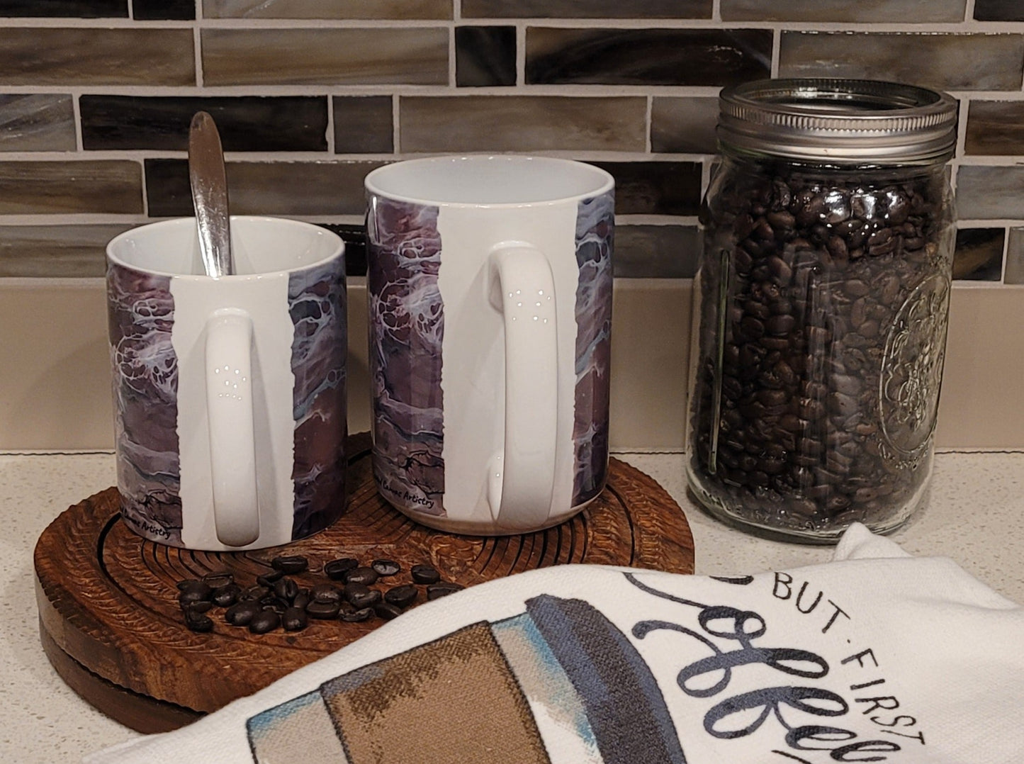 Mother's Day Coffee Mugs with Pink and Black Abstract Art Design, #Momlife