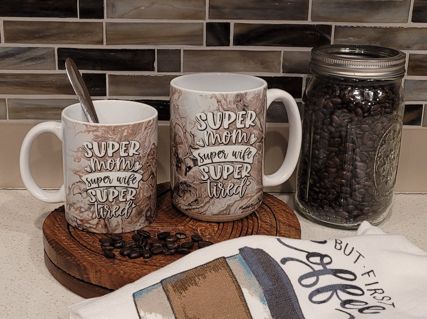 Mother's Day Coffee Mugs with Brown Abstract Art Design, Coffee First Mom Later, Super Mom Super Wife Super Tired