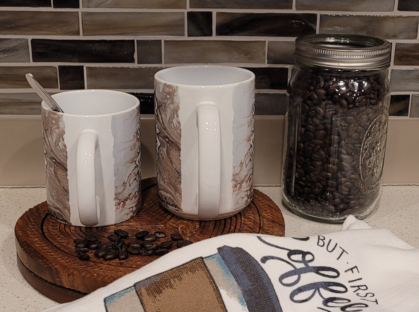 Mother's Day Coffee Mugs with Brown Abstract Art Design, Coffee First Mom Later, Super Mom Super Wife Super Tired