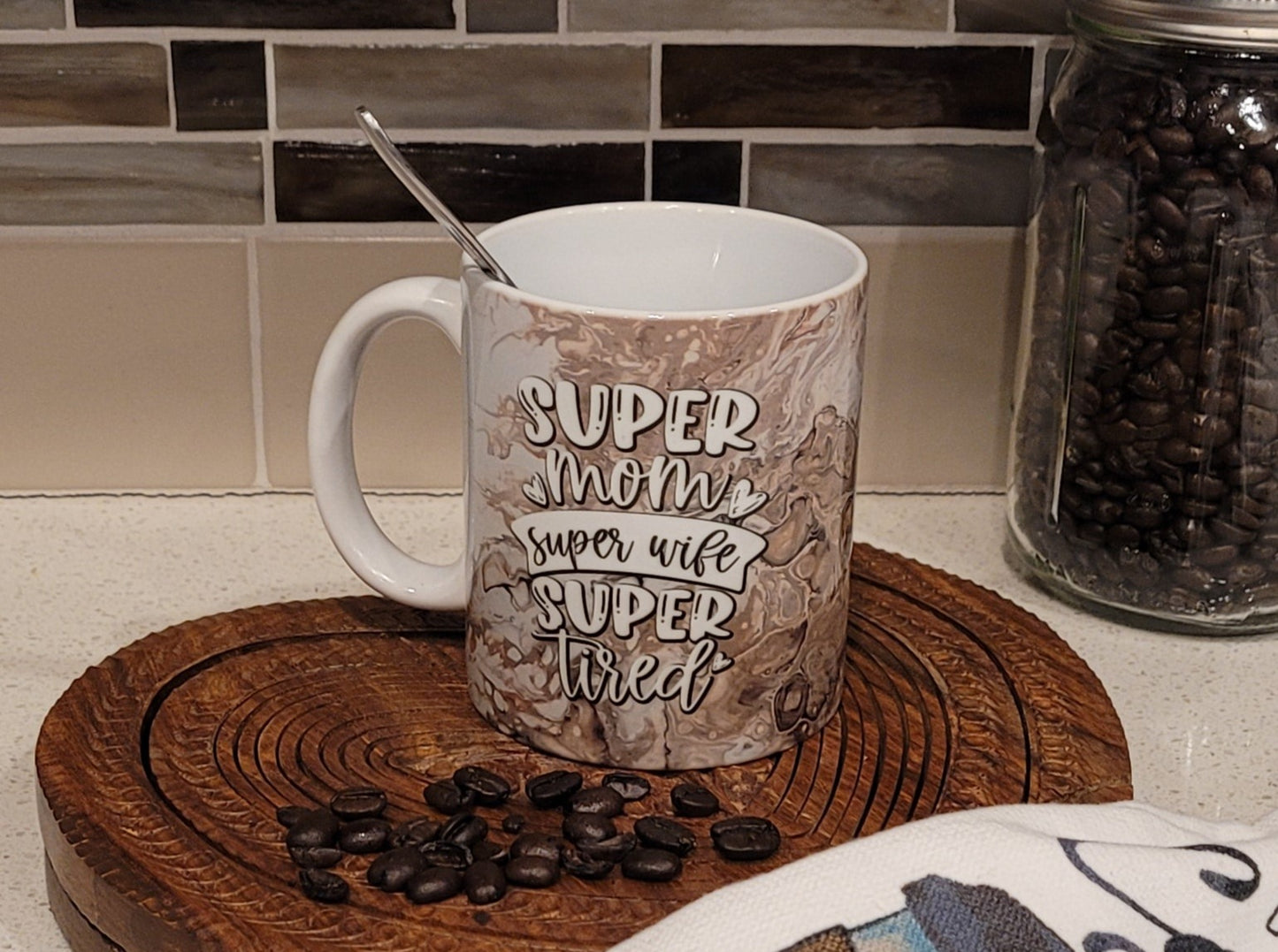 Mother's Day Coffee Mugs with Brown Abstract Art Design, Coffee First Mom Later, Super Mom Super Wife Super Tired
