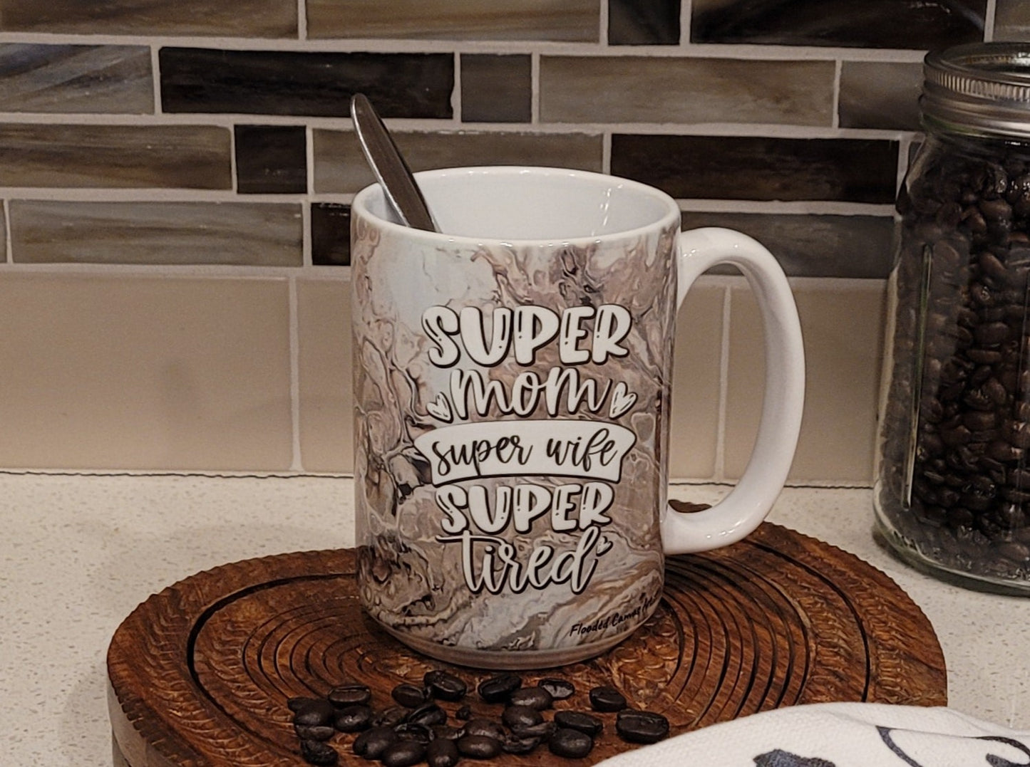 Mother's Day Coffee Mugs with Brown Abstract Art Design, Coffee First Mom Later, Super Mom Super Wife Super Tired