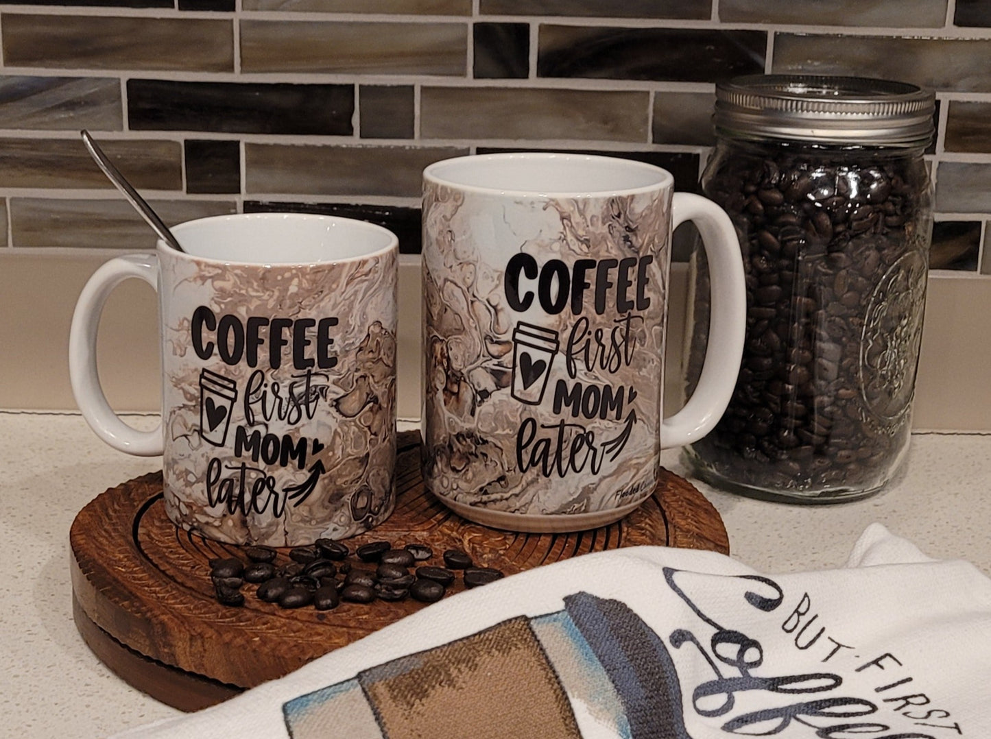 Mother's Day Coffee Mugs with Brown Abstract Art Design, Coffee First Mom Later, Super Mom Super Wife Super Tired