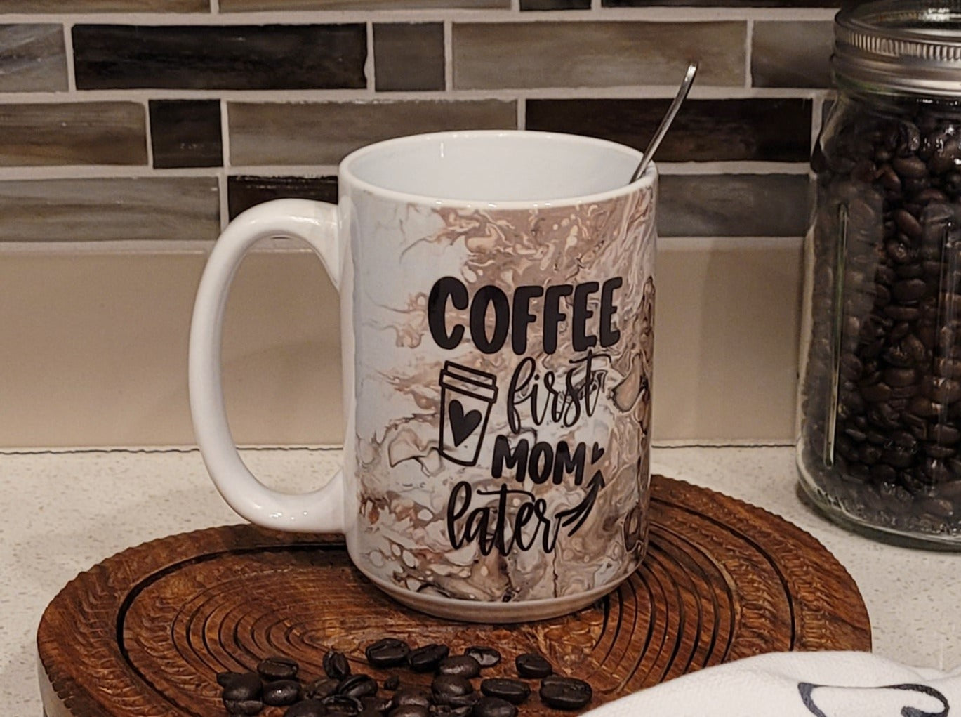 Mother's Day Coffee Mugs with Brown Abstract Art Design, Coffee First Mom Later, Super Mom Super Wife Super Tired