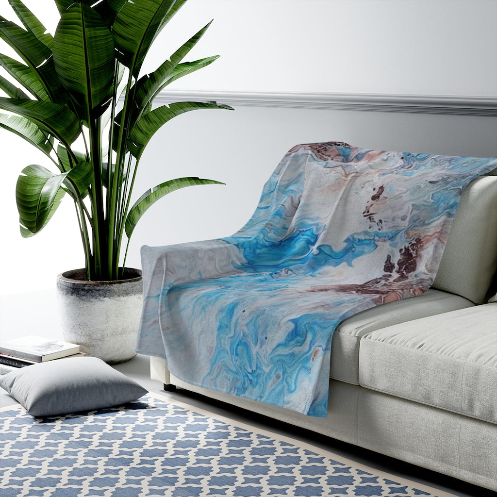 Faith Over Fear Blue and Brown Acrylic Pour Abstract Art Plush Blanket
