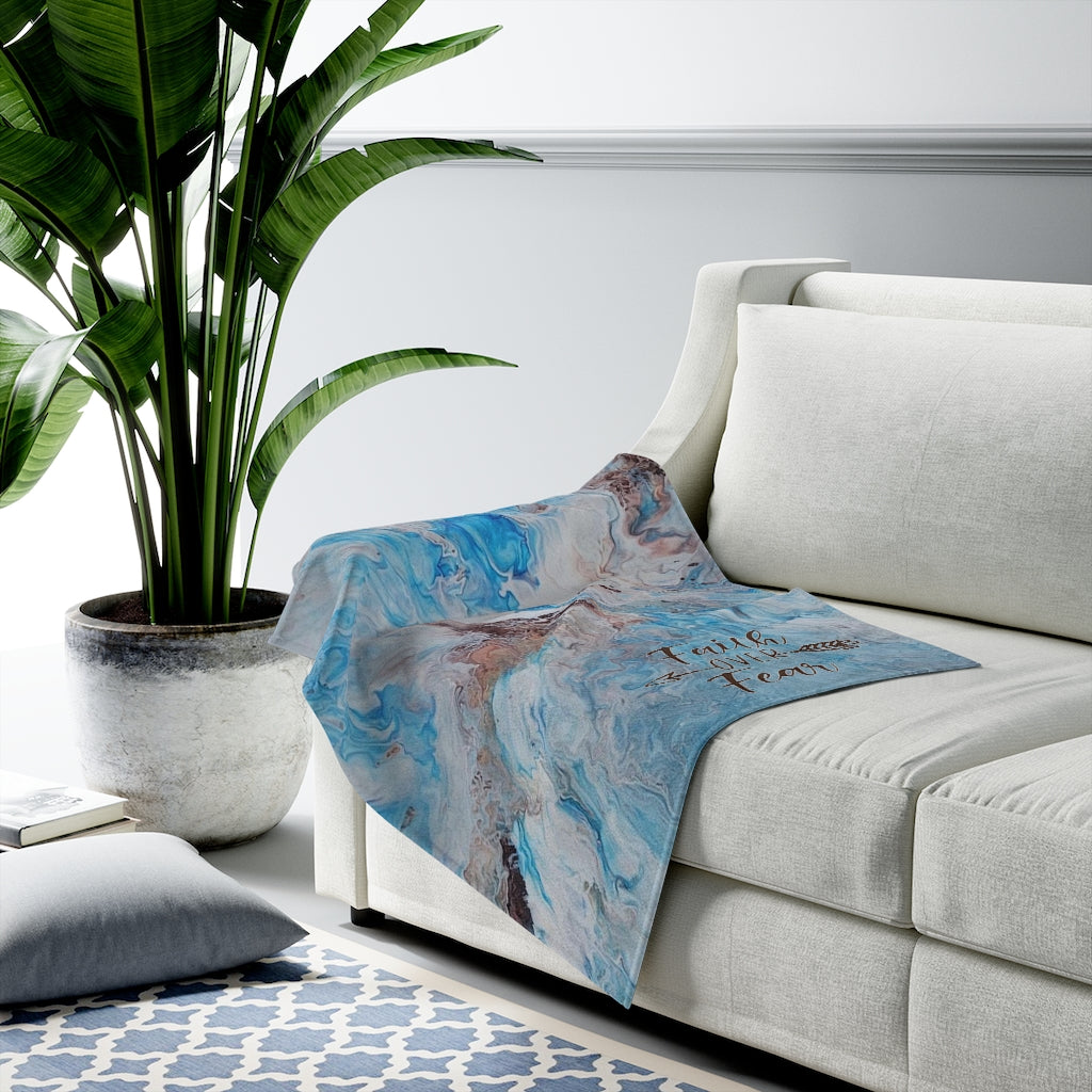 Faith Over Fear Blue and Brown Acrylic Pour Abstract Art Plush Blanket