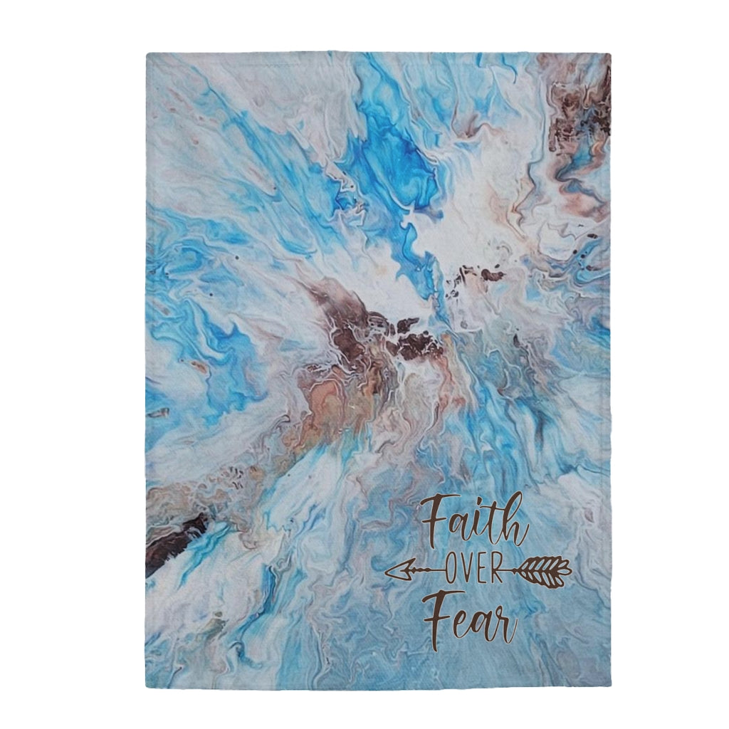 Faith Over Fear Blue and Brown Acrylic Pour Abstract Art Plush Blanket