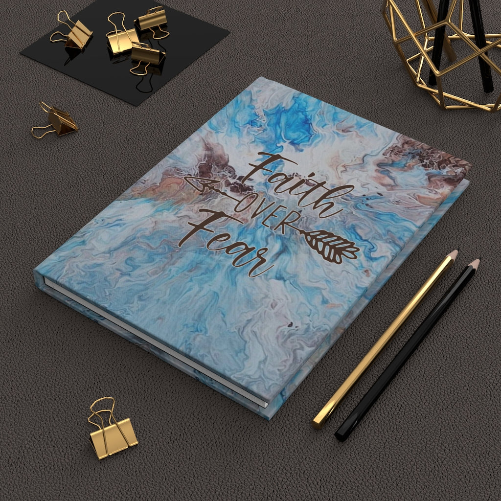 Faith Over Fear Blue and Brown Acrylic Pour Abstract Art Hardcover Journal