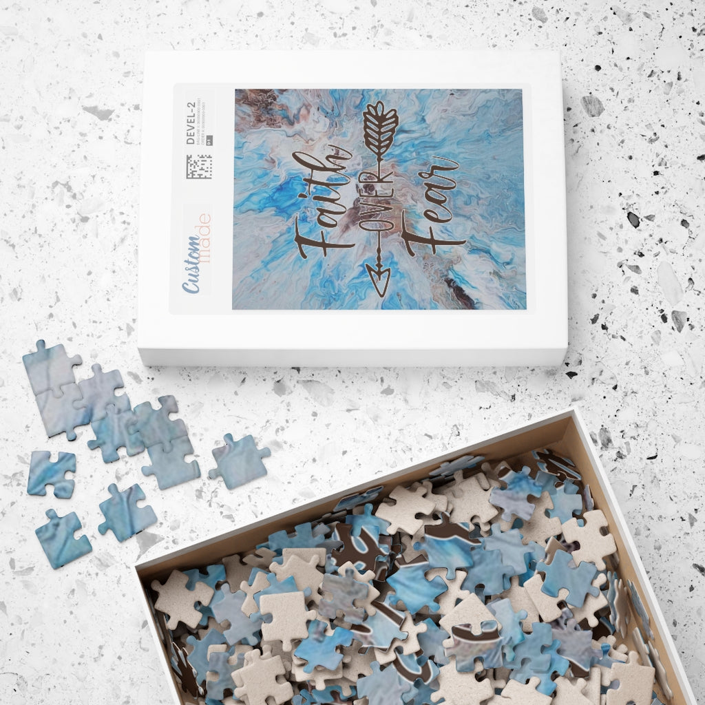Blue and Brown "Faith over Fear" Acrylic Pour Abstract Painting Art Puzzle