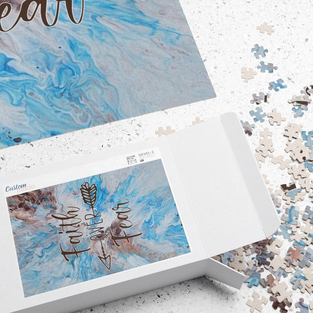 Blue and Brown "Faith over Fear" Acrylic Pour Abstract Painting Art Puzzle