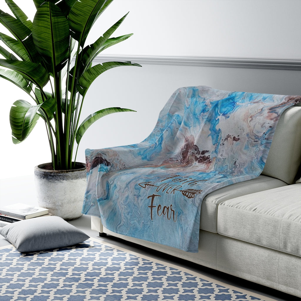 Faith Over Fear Blue and Brown Acrylic Pour Abstract Art Plush Blanket
