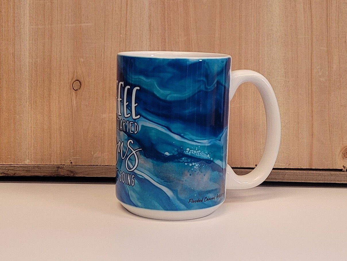 Coffee Gets Me Started Jesus Keeps Me Going Christian Coffee Mug with Abstract Art