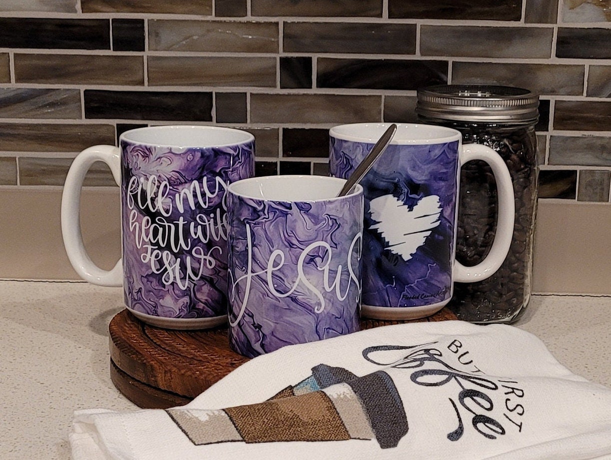 Purple Abstract Art Jesus Coffee Mugs, Christian Coffee Mugs