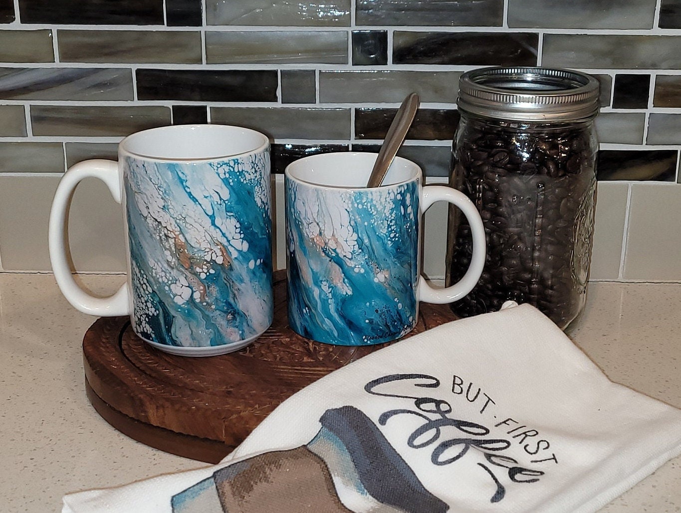 Green and Bronze Abstract Art Coffee Mugs