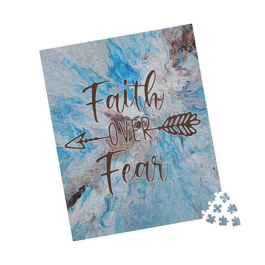 Blue and Brown "Faith over Fear" Acrylic Pour Abstract Painting Art Puzzle
