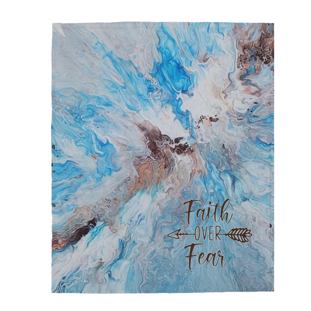 Faith Over Fear Blue and Brown Acrylic Pour Abstract Art Plush Blanket