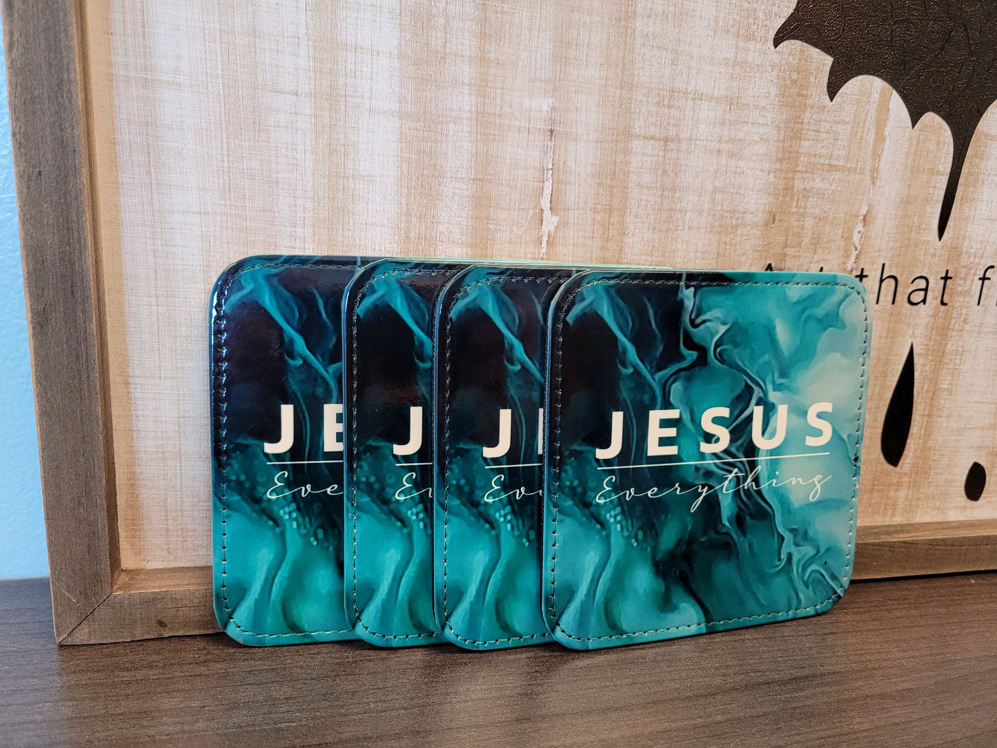 Jesus Over Everything Green Acrylic Pour Abstract Art Faux Leather Coaster Set