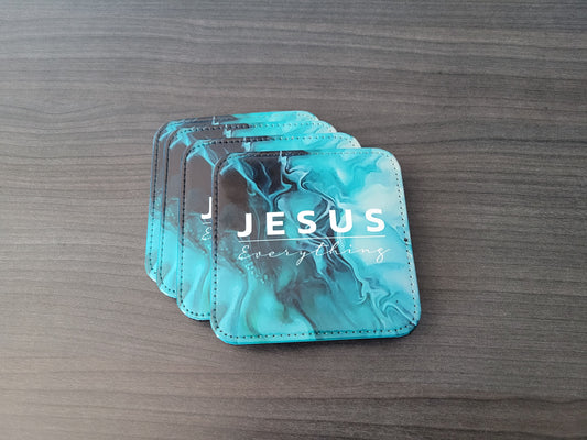 Jesus Over Everything Green Acrylic Pour Abstract Art Faux Leather Coaster Set