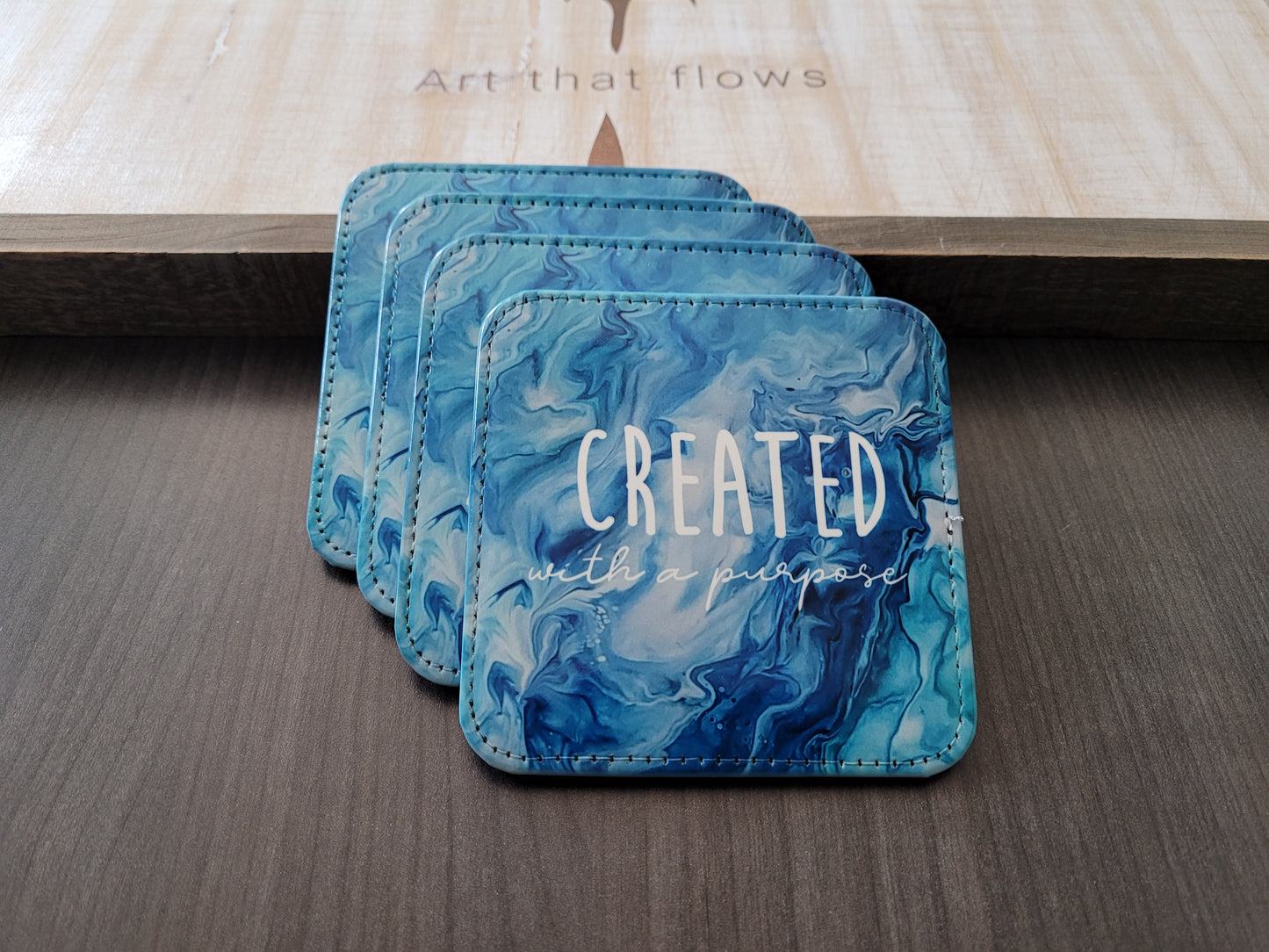 Created with a Purpose Blue and Teal Acrylic Pour Abstract Art Faux Leather Coaster Set