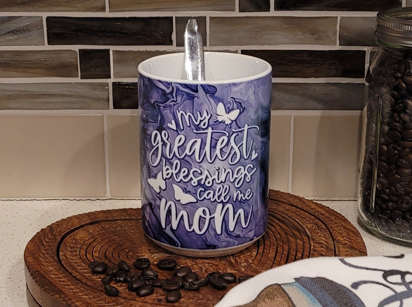 Mother's Day Coffee Mugs with Purple Abstract Art Designs, Proverbs 31:28, Greatest Blessings Call Me Mom, Mother Fueled by Prayer
