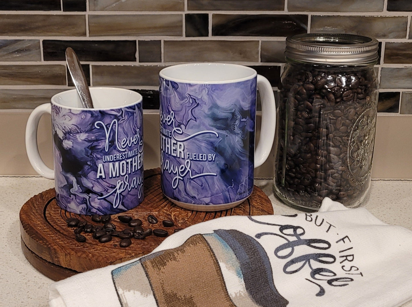 Mother's Day Coffee Mugs with Purple Abstract Art Designs, Proverbs 31:28, Greatest Blessings Call Me Mom, Mother Fueled by Prayer