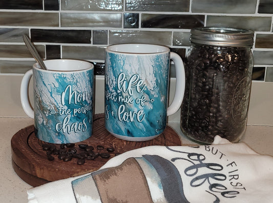 Mother's Day Coffee Mugs with Green Abstract Art Design, #Momlife, The Perfect Mix of Chaos and Love