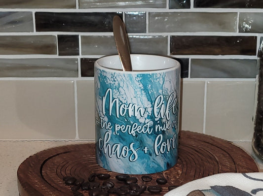 Mother's Day Coffee Mugs with Green Abstract Art Design, #Momlife, The Perfect Mix of Chaos and Love