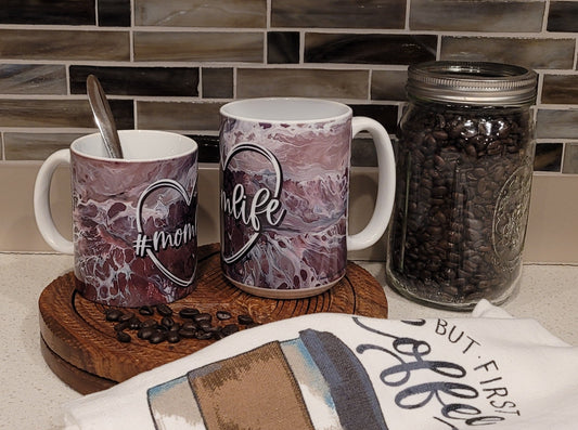 Mother's Day Coffee Mugs with Pink and Black Abstract Art Design, #Momlife