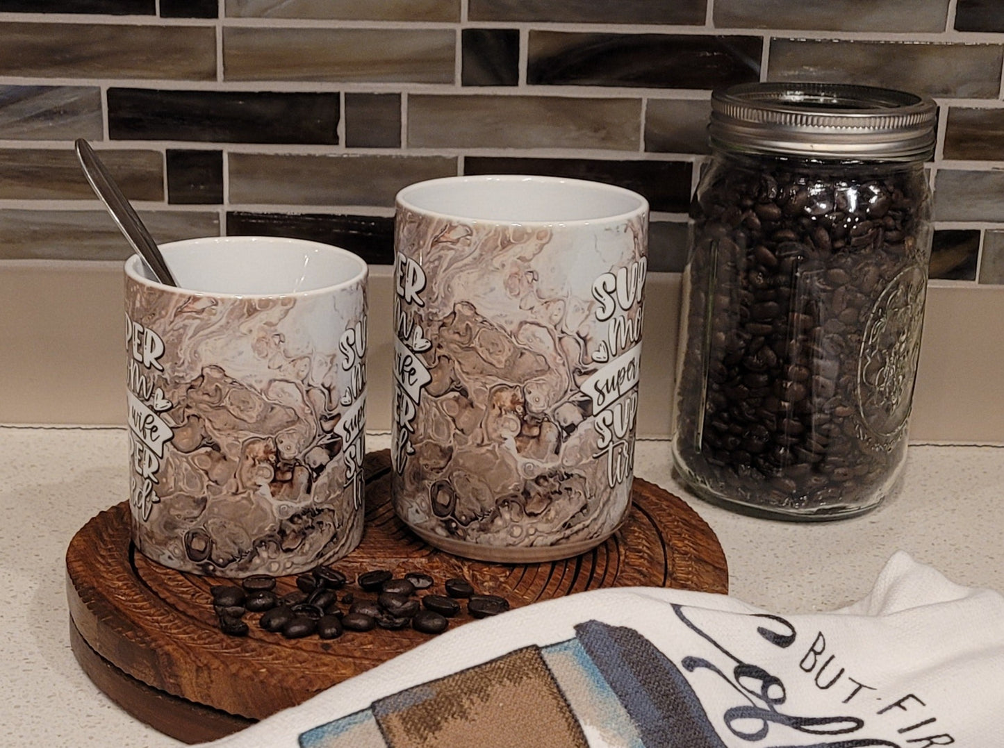 Mother's Day Coffee Mugs with Brown Abstract Art Design, Coffee First Mom Later, Super Mom Super Wife Super Tired