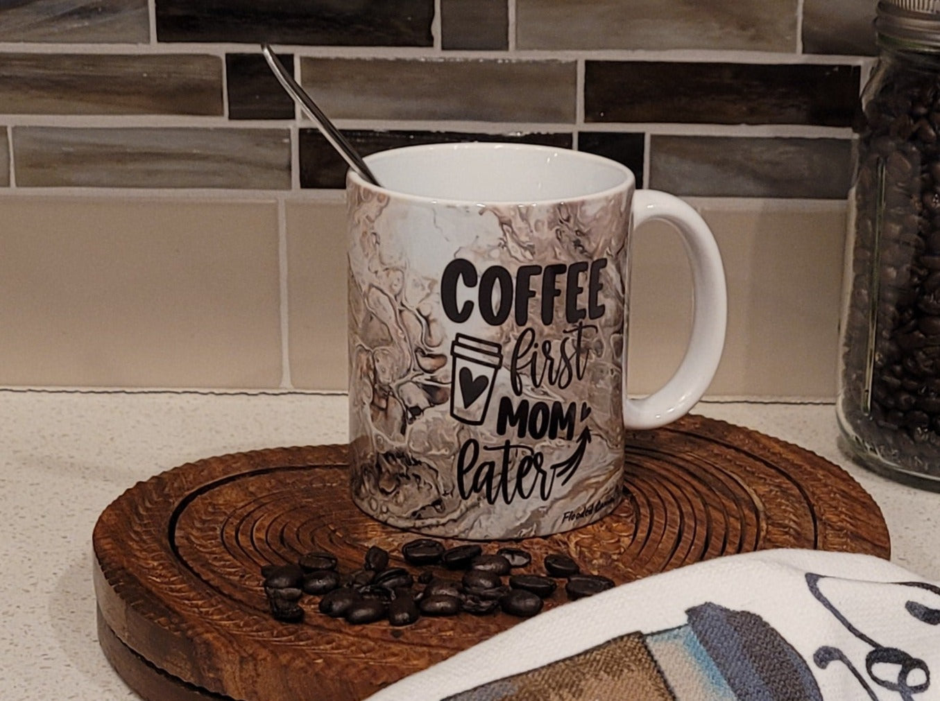 Mother's Day Coffee Mugs with Brown Abstract Art Design, Coffee First Mom Later, Super Mom Super Wife Super Tired
