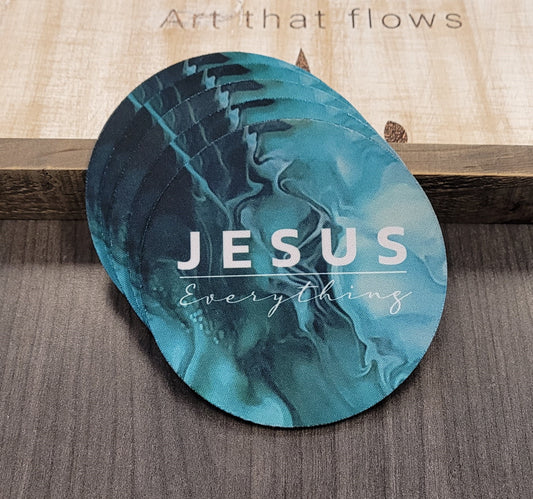 Jesus Over Everything Green Acrylic Pour Abstract Art Neoprene Coaster Set