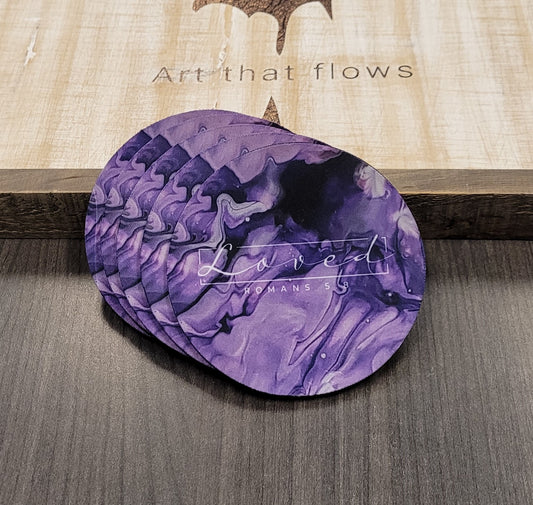 "Loved" Romans 5:8 Purple Acrylic Pour Abstract Art Neoprene Coaster Set
