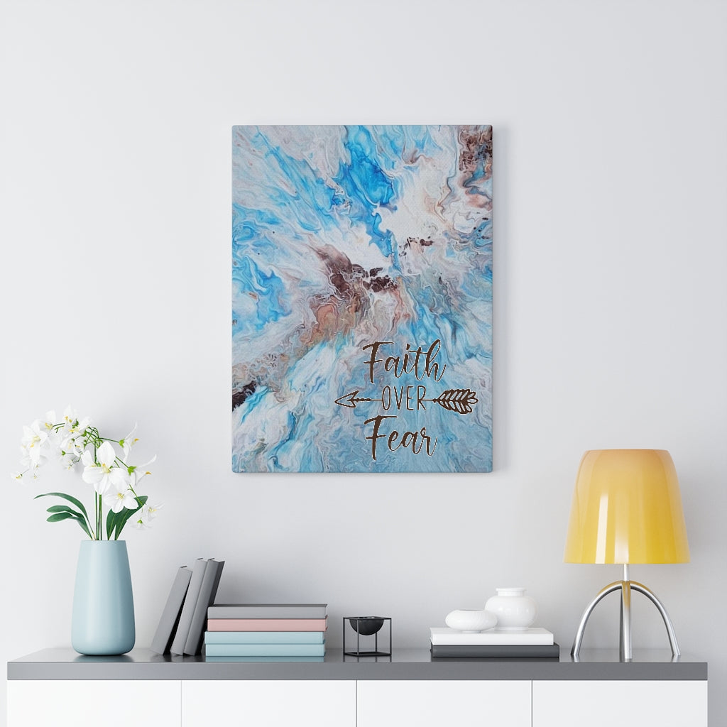 Faith Over Fear Blue and Brown Acrylic Pour Abstract Art Gallery Wrapped Canvas Prints