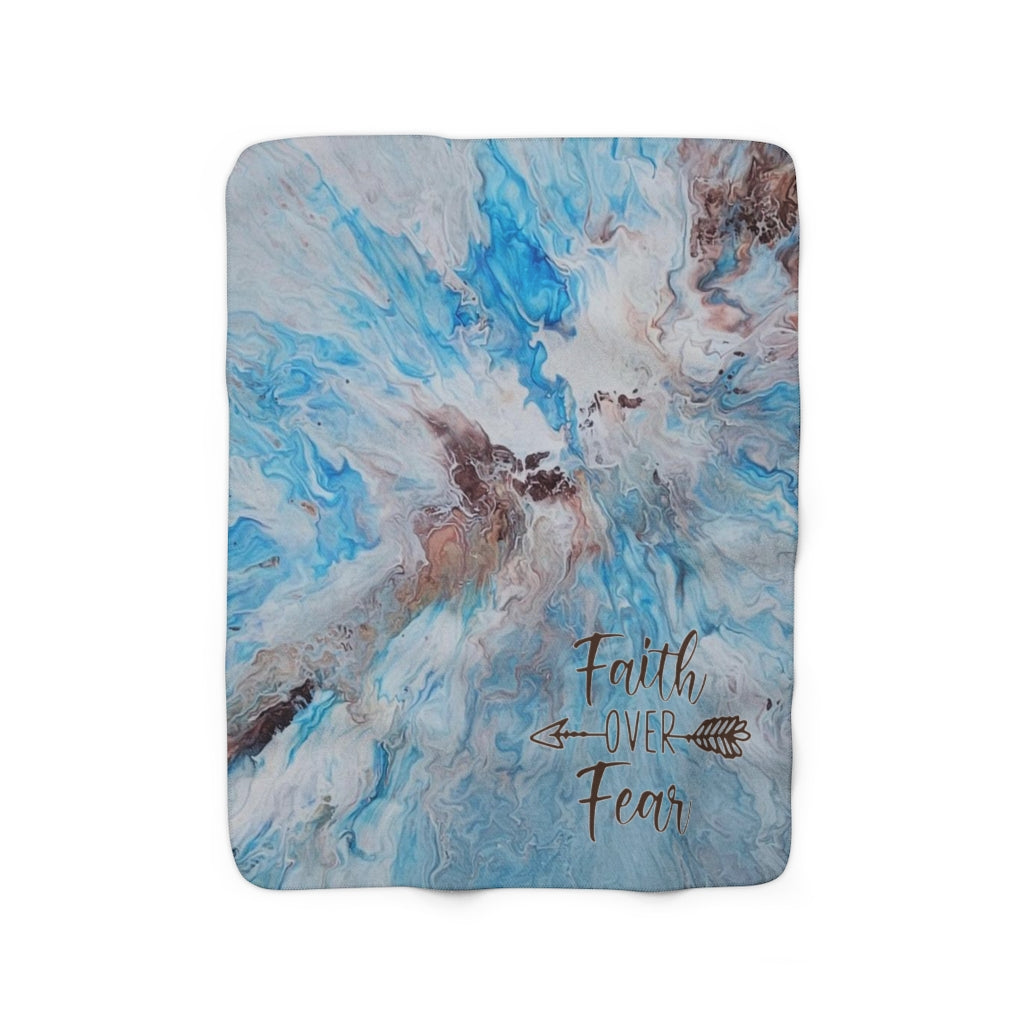 Faith Over Fear Blue and Brown Acrylic Pour Abstract Art Sherpa Fleece Blanket