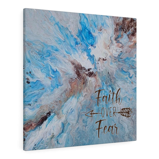 Faith Over Fear Blue and Brown Acrylic Pour Abstract Art Gallery Wrapped Canvas Prints