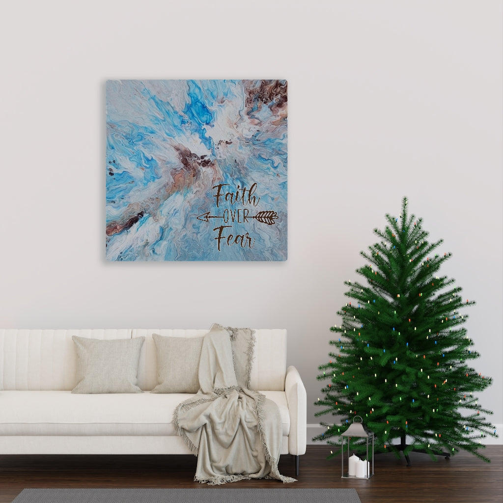 Faith Over Fear Blue and Brown Acrylic Pour Abstract Art Gallery Wrapped Canvas Prints