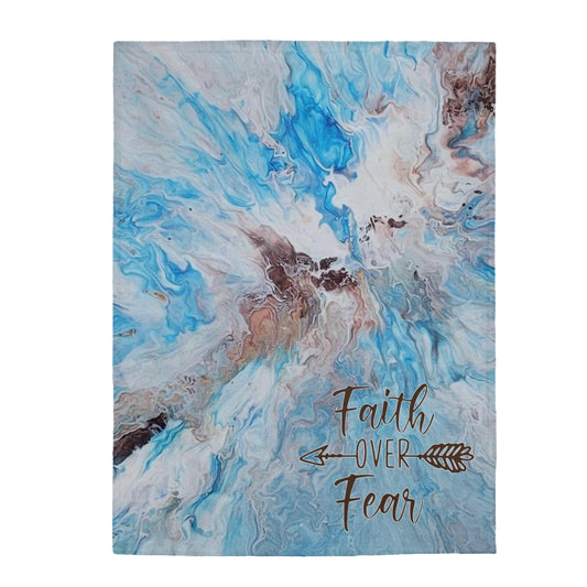 Faith Over Fear Blue and Brown Acrylic Pour Abstract Art Plush Blanket