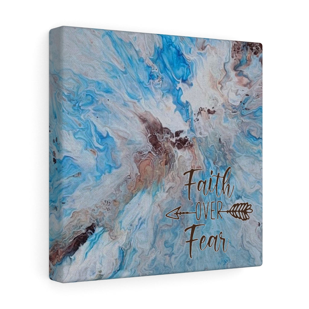 Faith Over Fear Blue and Brown Acrylic Pour Abstract Art Gallery Wrapped Canvas Prints